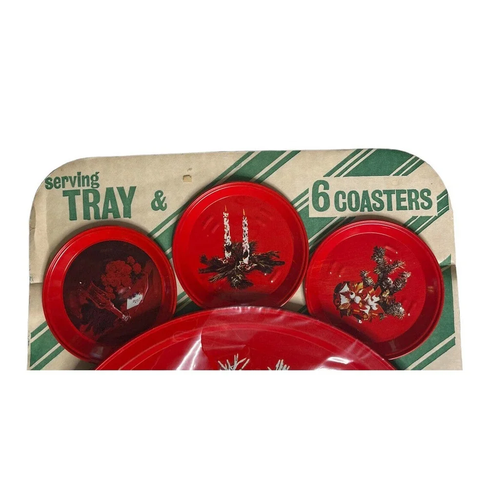 Vintage Atlantic Metal Red Christmas Round Serving Tray‎ and 6 Coasters SEALED
